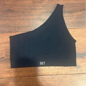 SET ACTIVE ONE-SHOULDER RIBBED SPORTS BRA, SIZE SMALL, BLACK